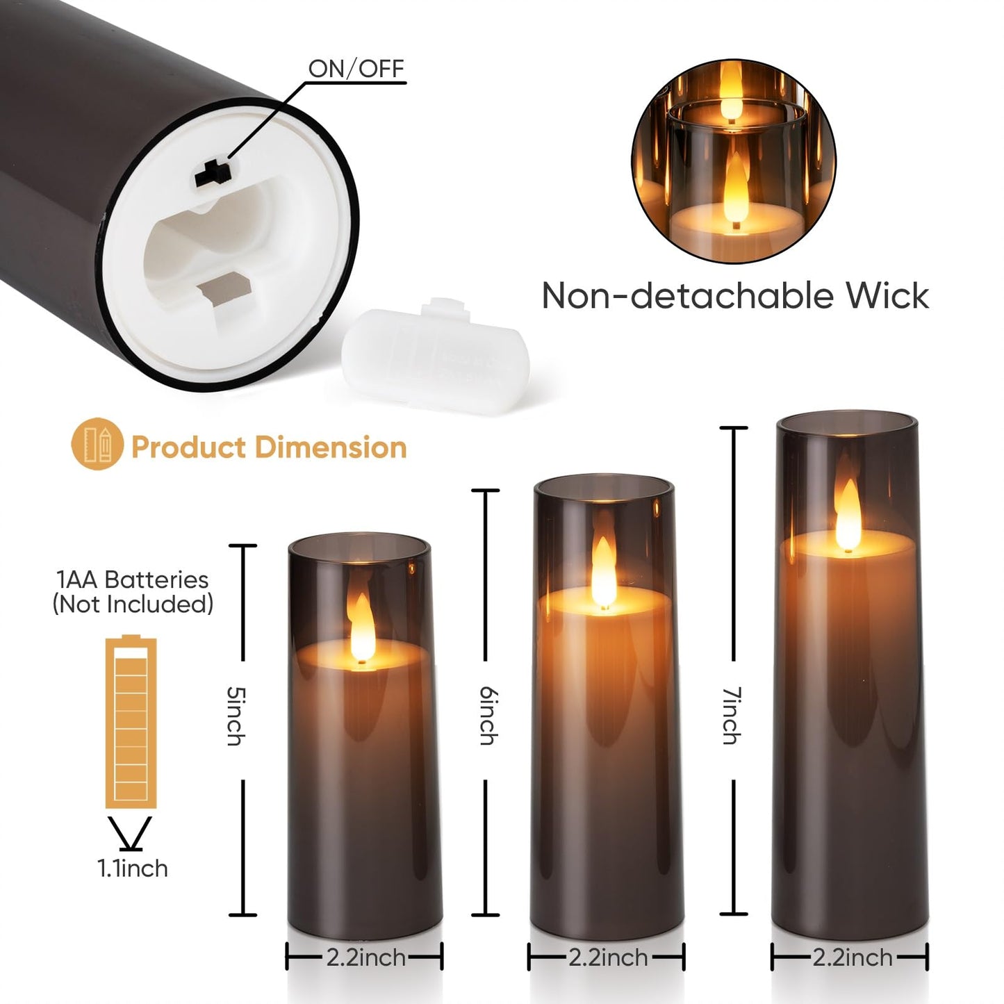 Homemory Decorative Flameless Candles, Battery Operated Candles with Remote & Timer, Flickering Led Pillar Candles, Plexiglass, Grey, Pack of 9, D2.2 xH 5" 6" 7"