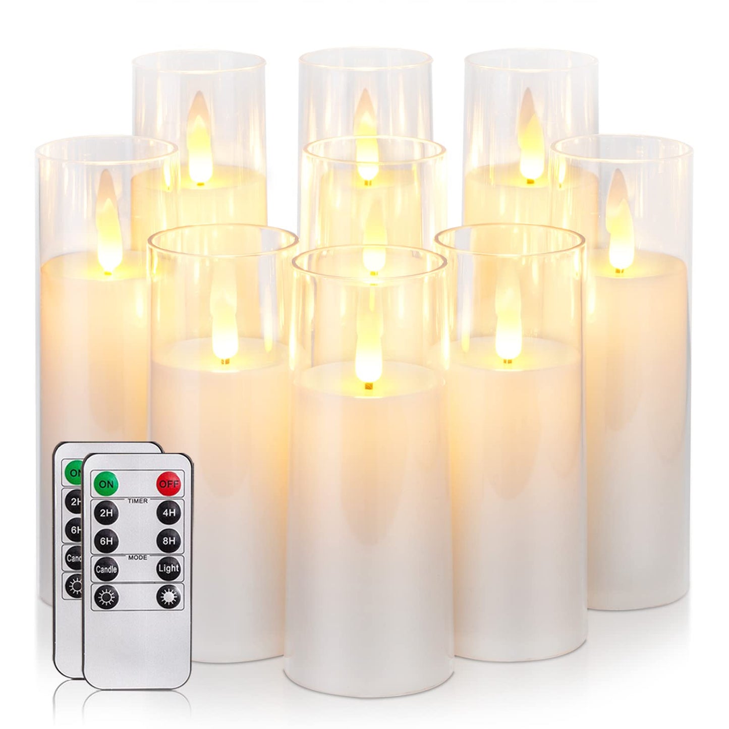 Homemory Decorative Flameless Candles, Battery Operated Candles with Remote & Timer, Flickering Led Pillar Candles, Plexiglass, Grey, Pack of 9, D2.2 xH 5" 6" 7"
