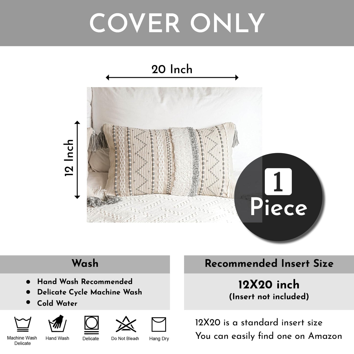 Cream Decorative Lumbar Throw Pillow Cover 14x36 Boho Long Cushion for Bed Neutral Accent Farmhouse Pillowcase for Bedroom Living Room Couch Sofa Home Décor (Cover ONLY, Pack of 1)