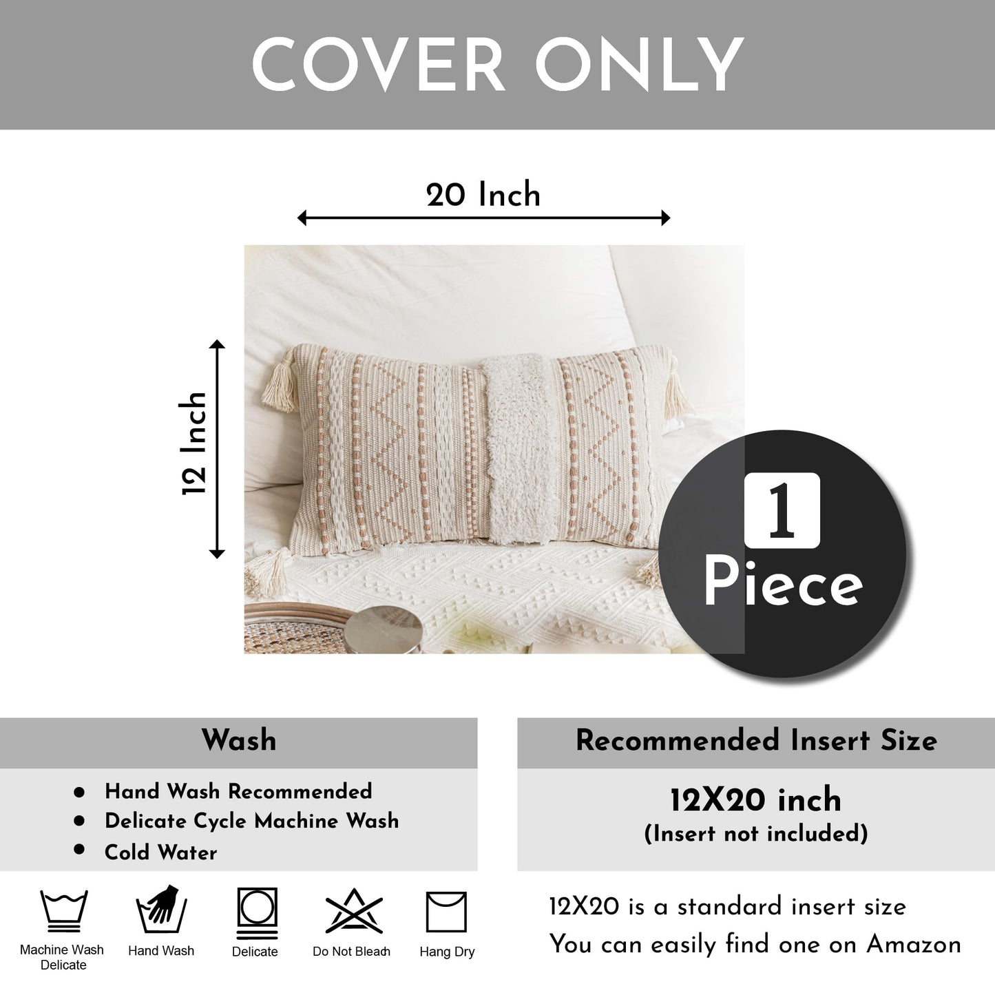 Cream Decorative Lumbar Throw Pillow Cover 14x36 Boho Long Cushion for Bed Neutral Accent Farmhouse Pillowcase for Bedroom Living Room Couch Sofa Home Décor (Cover ONLY, Pack of 1)
