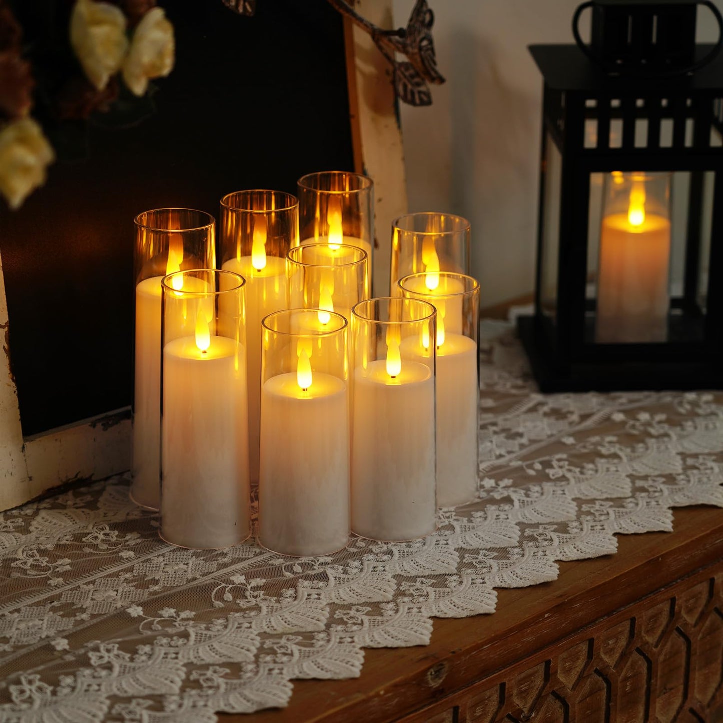 Homemory Decorative Flameless Candles, Battery Operated Candles with Remote & Timer, Flickering Led Pillar Candles, Plexiglass, Grey, Pack of 9, D2.2 xH 5" 6" 7"