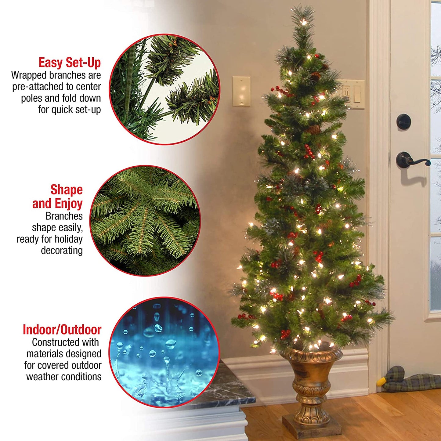 National Tree Company Pre-Lit Artificial Mini Christmas Tree, Green, Crestwood Spruce, White Lights, Decorated with Pine Cones, Berry Clusters, Frosted Branches, Includes Pot Base, 4 Feet
