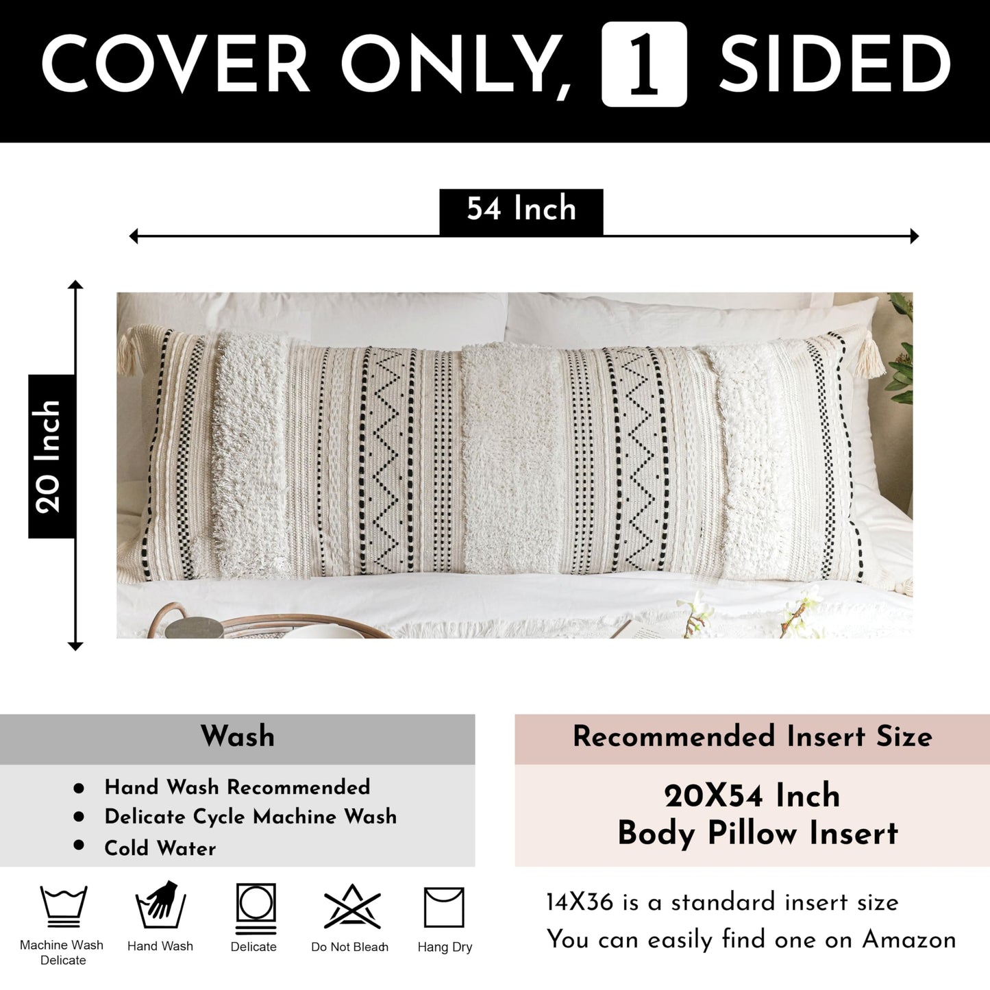 Cream Decorative Lumbar Throw Pillow Cover 14x36 Boho Long Cushion for Bed Neutral Accent Farmhouse Pillowcase for Bedroom Living Room Couch Sofa Home Décor (Cover ONLY, Pack of 1)