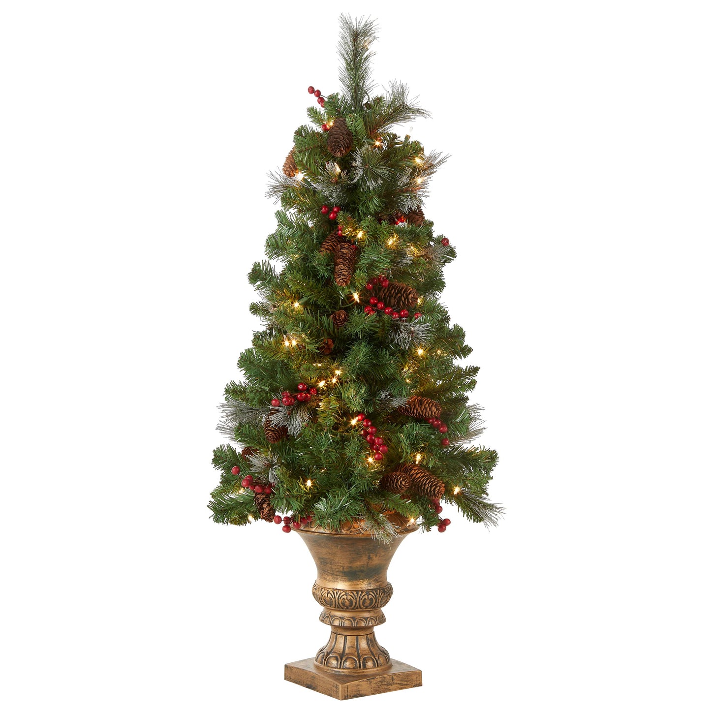 National Tree Company Pre-Lit Artificial Mini Christmas Tree, Green, Crestwood Spruce, White Lights, Decorated with Pine Cones, Berry Clusters, Frosted Branches, Includes Pot Base, 4 Feet