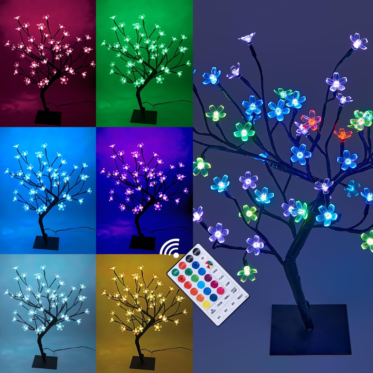LIGHTSHARE 18 Inch Cherry Blossom Bonsai Tree, 48 LED Lights, 24V UL Listed Adapter Included, Metal Base, Warm White Lights, Ideal as Night Lights, Home Gift Idea