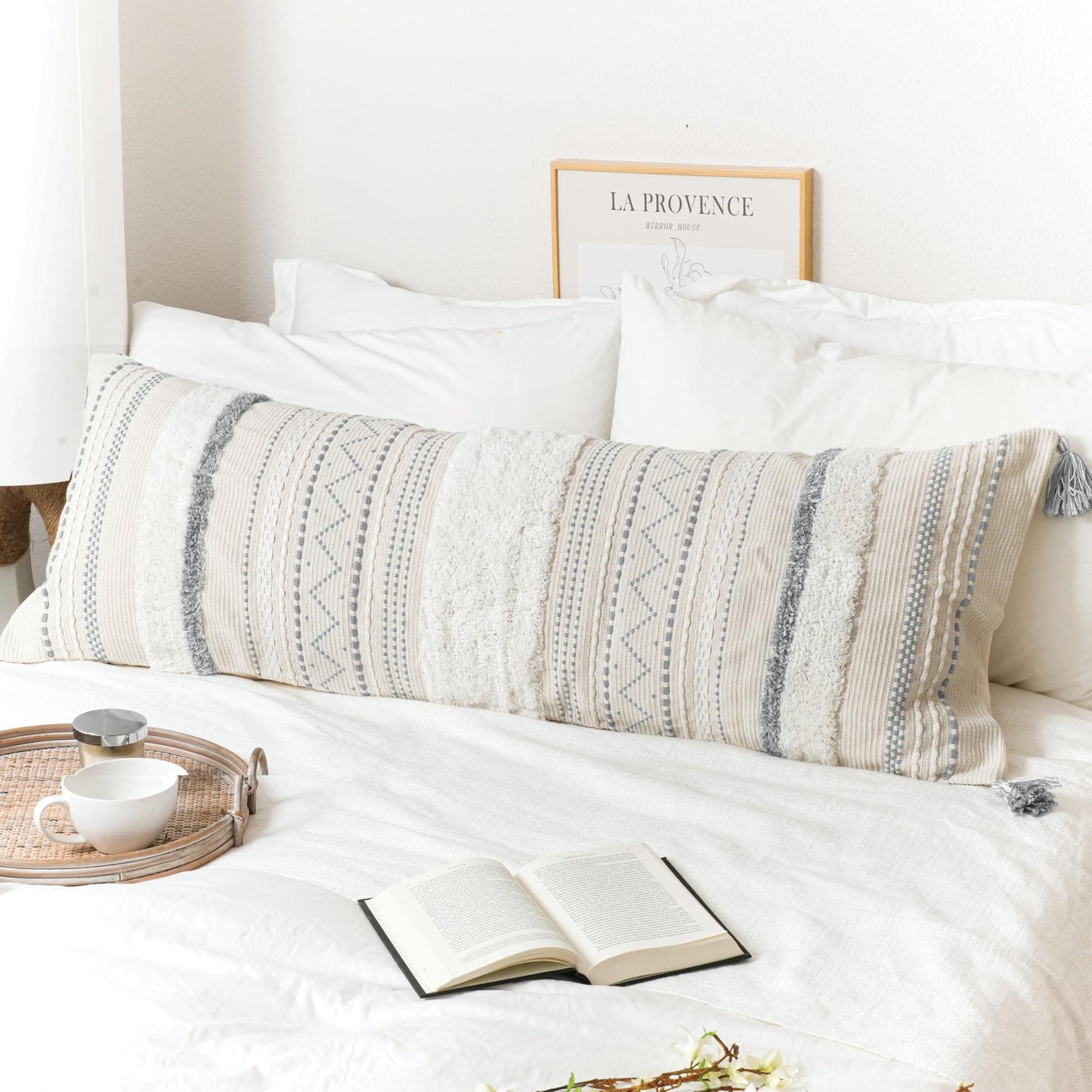 Cream Decorative Lumbar Throw Pillow Cover 14x36 Boho Long Cushion for Bed Neutral Accent Farmhouse Pillowcase for Bedroom Living Room Couch Sofa Home Décor (Cover ONLY, Pack of 1)
