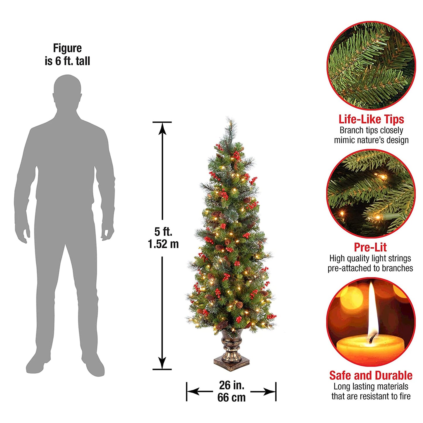 National Tree Company Pre-Lit Artificial Mini Christmas Tree, Green, Crestwood Spruce, White Lights, Decorated with Pine Cones, Berry Clusters, Frosted Branches, Includes Pot Base, 4 Feet