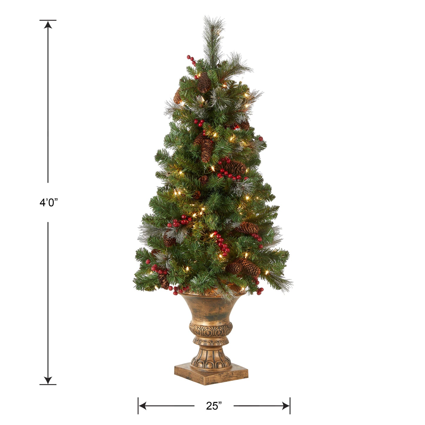 National Tree Company Pre-Lit Artificial Mini Christmas Tree, Green, Crestwood Spruce, White Lights, Decorated with Pine Cones, Berry Clusters, Frosted Branches, Includes Pot Base, 4 Feet