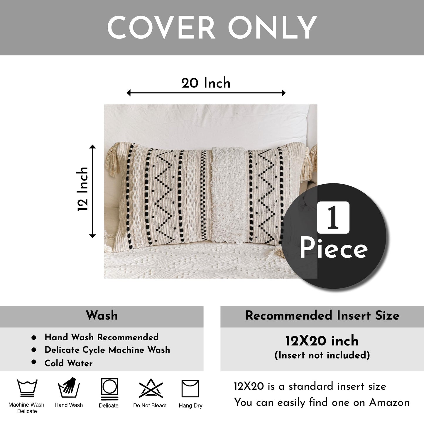 Cream Decorative Lumbar Throw Pillow Cover 14x36 Boho Long Cushion for Bed Neutral Accent Farmhouse Pillowcase for Bedroom Living Room Couch Sofa Home Décor (Cover ONLY, Pack of 1)