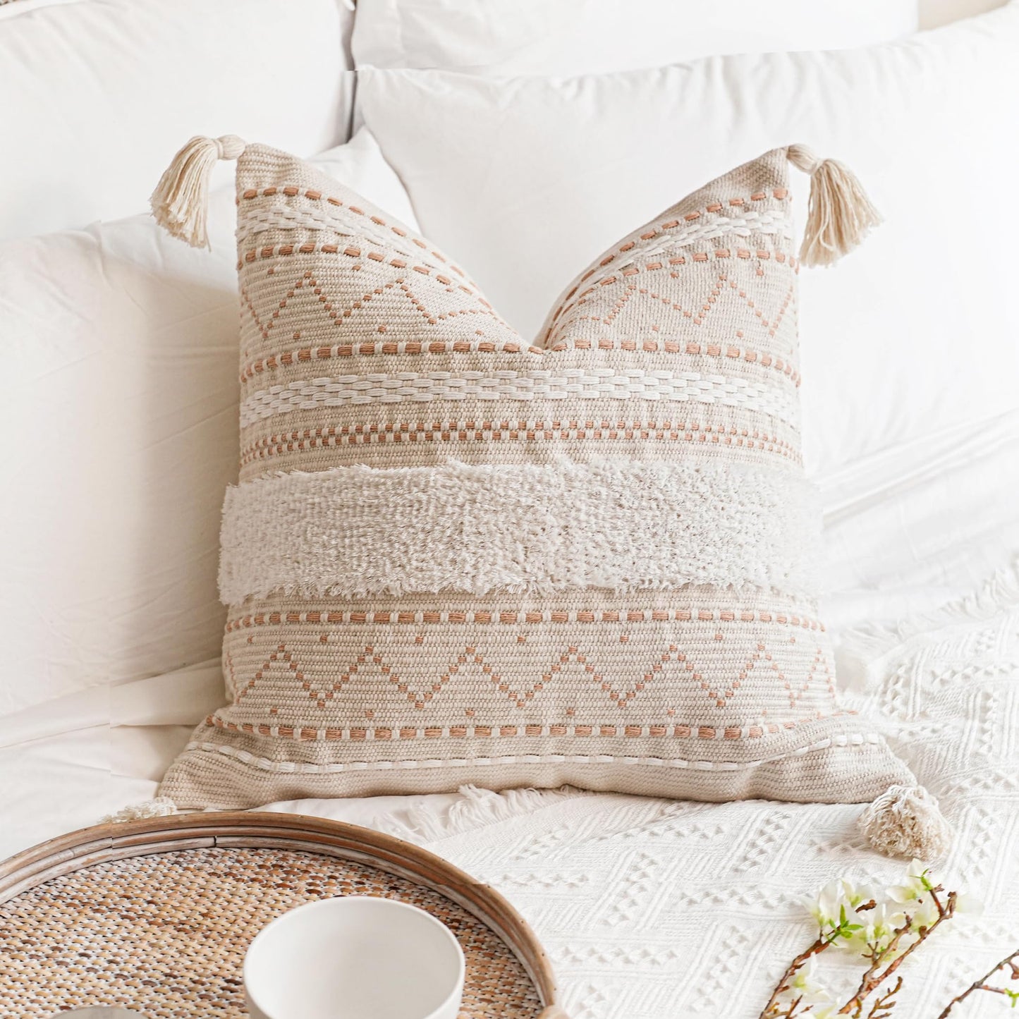 Cream Decorative Lumbar Throw Pillow Cover 14x36 Boho Long Cushion for Bed Neutral Accent Farmhouse Pillowcase for Bedroom Living Room Couch Sofa Home Décor (Cover ONLY, Pack of 1)