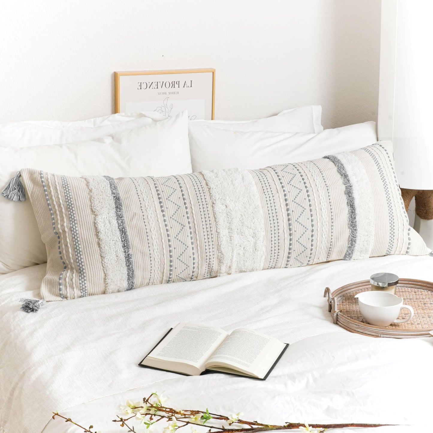 Cream Decorative Lumbar Throw Pillow Cover 14x36 Boho Long Cushion for Bed Neutral Accent Farmhouse Pillowcase for Bedroom Living Room Couch Sofa Home Décor (Cover ONLY, Pack of 1)