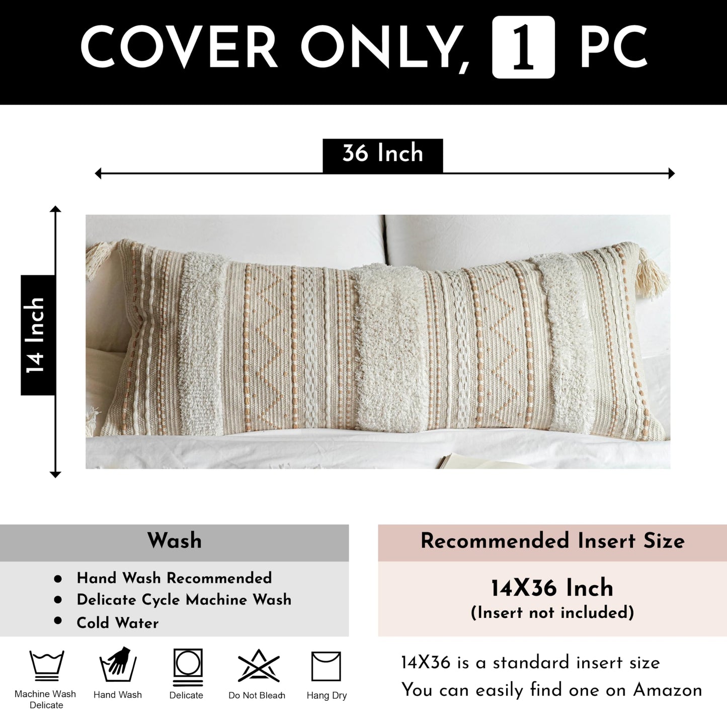 Cream Decorative Lumbar Throw Pillow Cover 14x36 Boho Long Cushion for Bed Neutral Accent Farmhouse Pillowcase for Bedroom Living Room Couch Sofa Home Décor (Cover ONLY, Pack of 1)