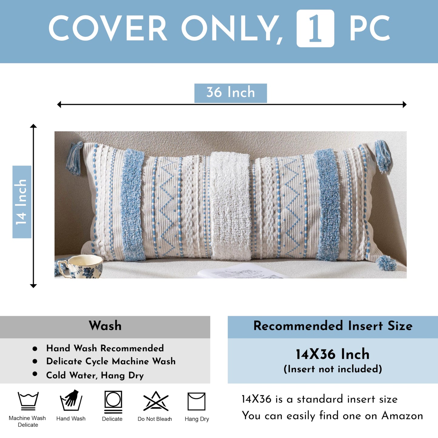 Cream Decorative Lumbar Throw Pillow Cover 14x36 Boho Long Cushion for Bed Neutral Accent Farmhouse Pillowcase for Bedroom Living Room Couch Sofa Home Décor (Cover ONLY, Pack of 1)
