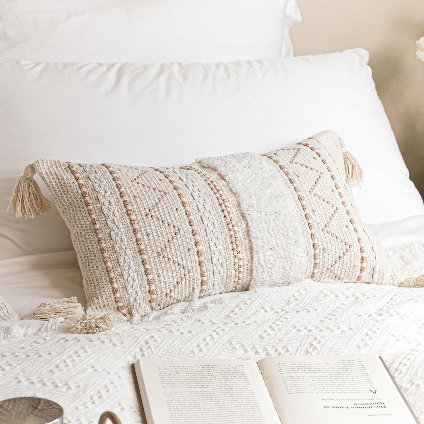 Cream Decorative Lumbar Throw Pillow Cover 14x36 Boho Long Cushion for Bed Neutral Accent Farmhouse Pillowcase for Bedroom Living Room Couch Sofa Home Décor (Cover ONLY, Pack of 1)