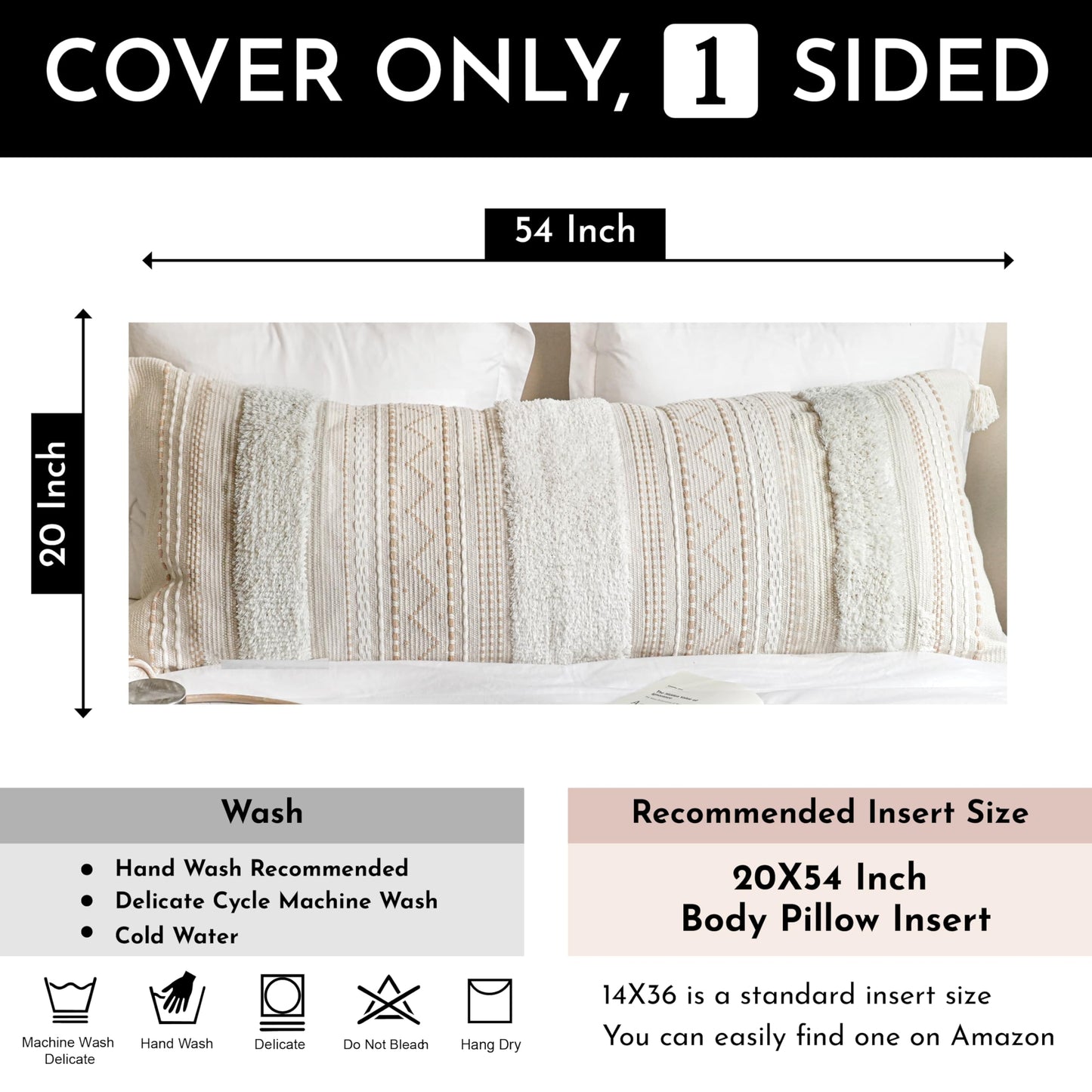 Cream Decorative Lumbar Throw Pillow Cover 14x36 Boho Long Cushion for Bed Neutral Accent Farmhouse Pillowcase for Bedroom Living Room Couch Sofa Home Décor (Cover ONLY, Pack of 1)