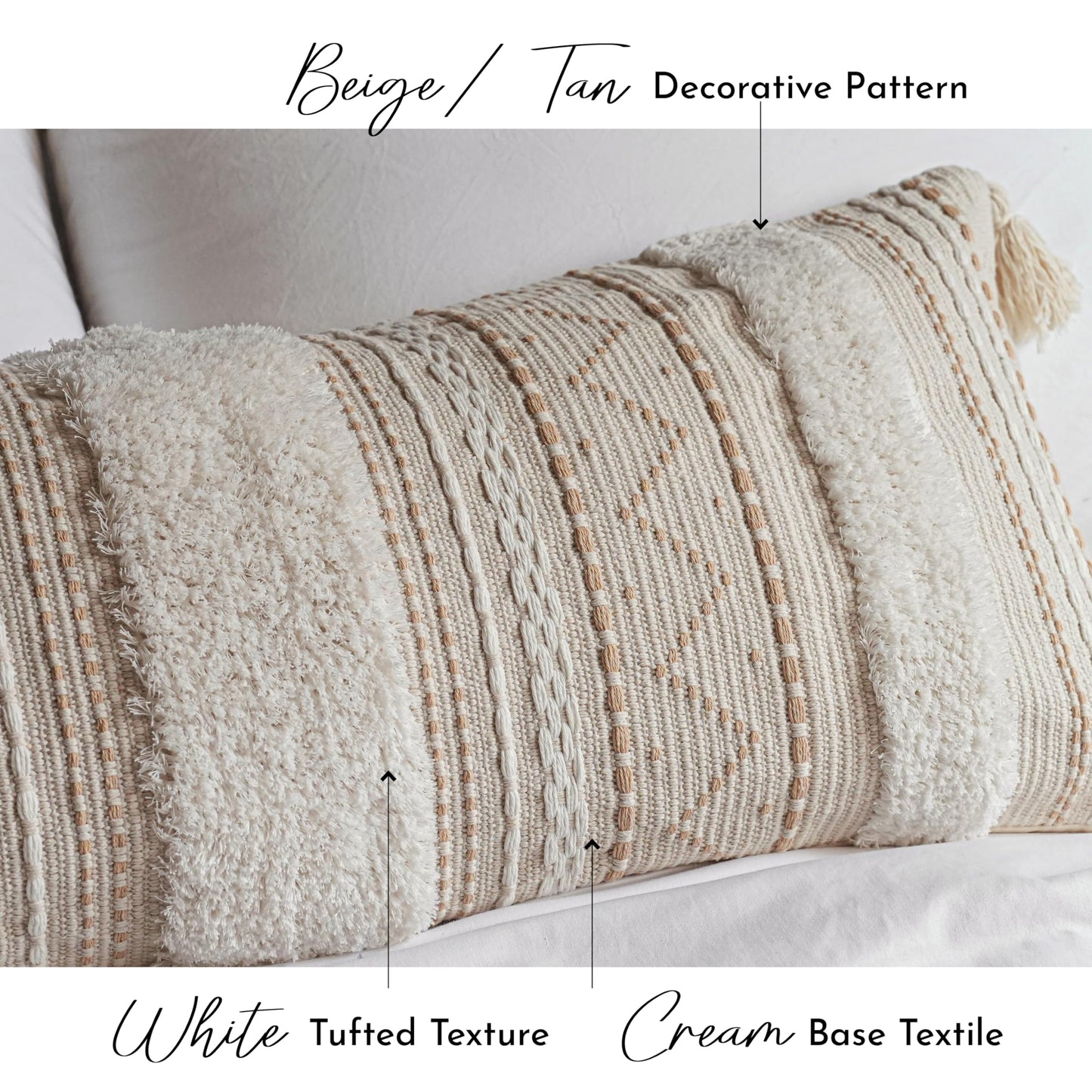 Cream Decorative Lumbar Throw Pillow Cover 14x36 Boho Long Cushion for Bed Neutral Accent Farmhouse Pillowcase for Bedroom Living Room Couch Sofa Home Décor (Cover ONLY, Pack of 1)