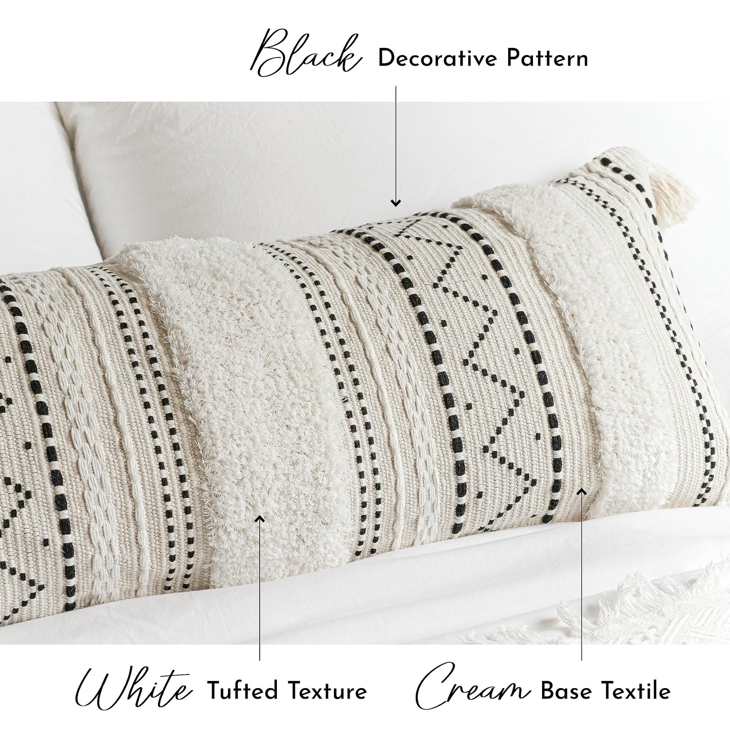 Cream Decorative Lumbar Throw Pillow Cover 14x36 Boho Long Cushion for Bed Neutral Accent Farmhouse Pillowcase for Bedroom Living Room Couch Sofa Home Décor (Cover ONLY, Pack of 1)
