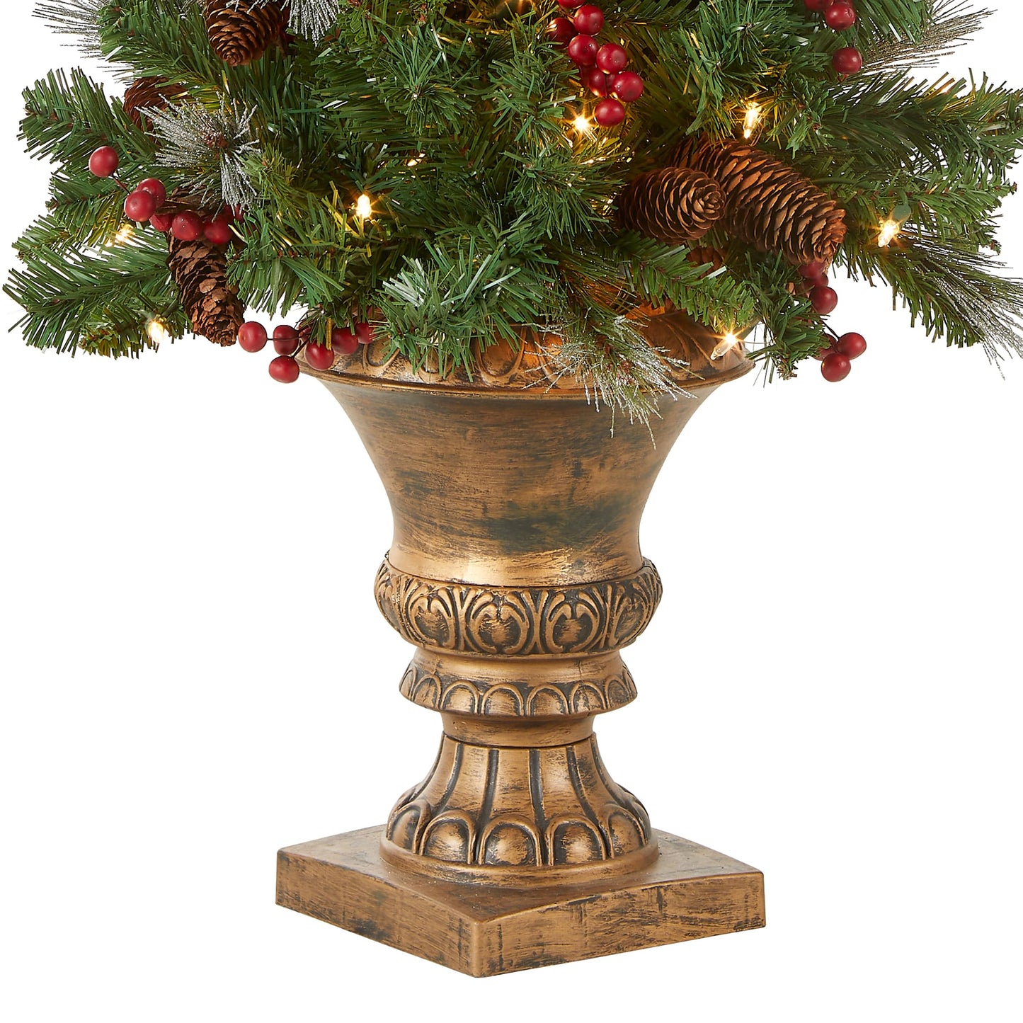 National Tree Company Pre-Lit Artificial Mini Christmas Tree, Green, Crestwood Spruce, White Lights, Decorated with Pine Cones, Berry Clusters, Frosted Branches, Includes Pot Base, 4 Feet