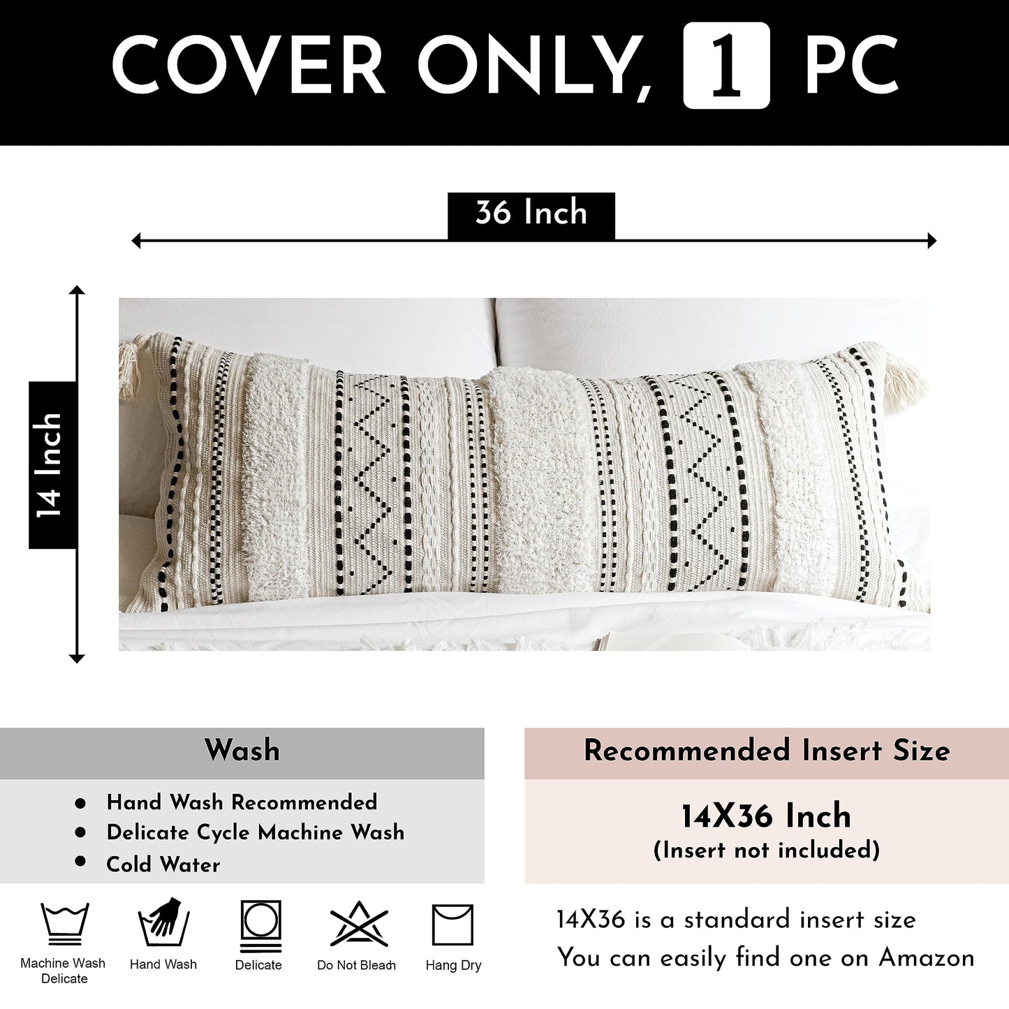 Cream Decorative Lumbar Throw Pillow Cover 14x36 Boho Long Cushion for Bed Neutral Accent Farmhouse Pillowcase for Bedroom Living Room Couch Sofa Home Décor (Cover ONLY, Pack of 1)