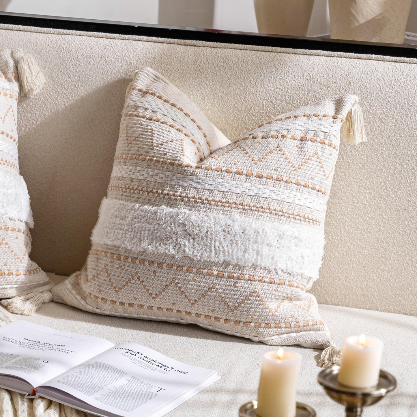 Cream Decorative Lumbar Throw Pillow Cover 14x36 Boho Long Cushion for Bed Neutral Accent Farmhouse Pillowcase for Bedroom Living Room Couch Sofa Home Décor (Cover ONLY, Pack of 1)
