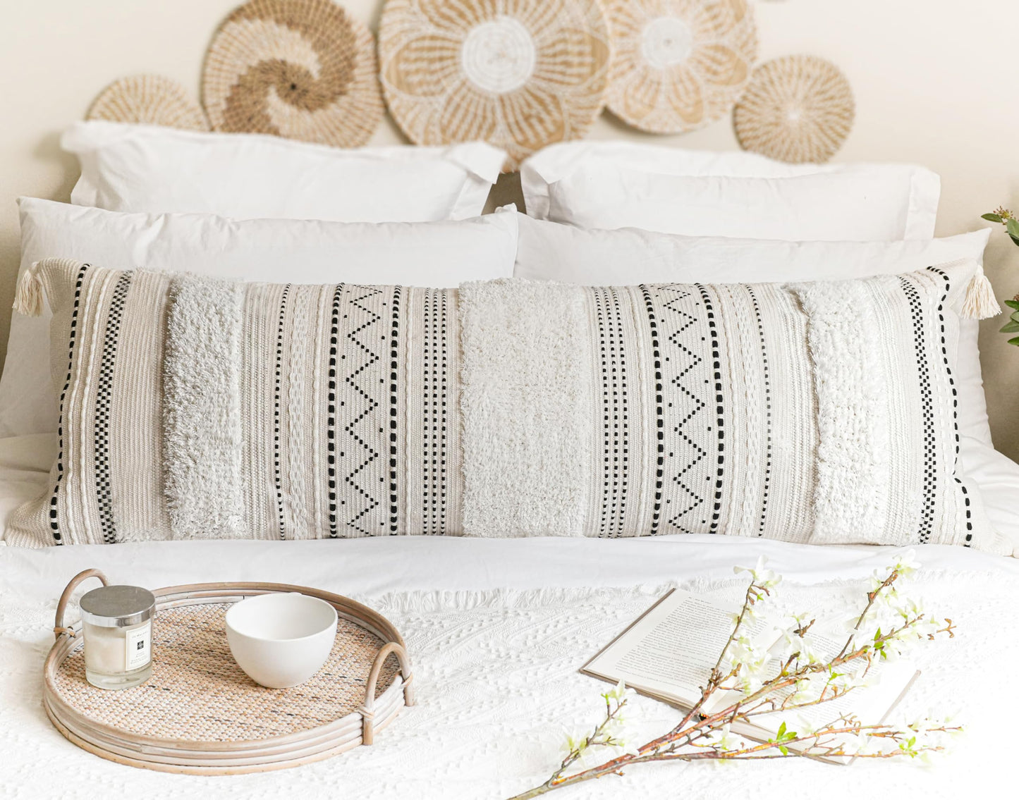 Cream Decorative Lumbar Throw Pillow Cover 14x36 Boho Long Cushion for Bed Neutral Accent Farmhouse Pillowcase for Bedroom Living Room Couch Sofa Home Décor (Cover ONLY, Pack of 1)