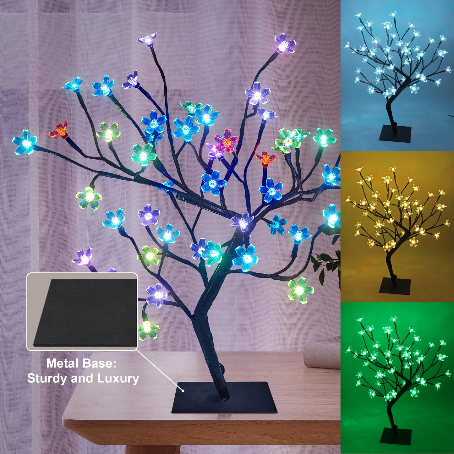 LIGHTSHARE 18 Inch Cherry Blossom Bonsai Tree, 48 LED Lights, 24V UL Listed Adapter Included, Metal Base, Warm White Lights, Ideal as Night Lights, Home Gift Idea