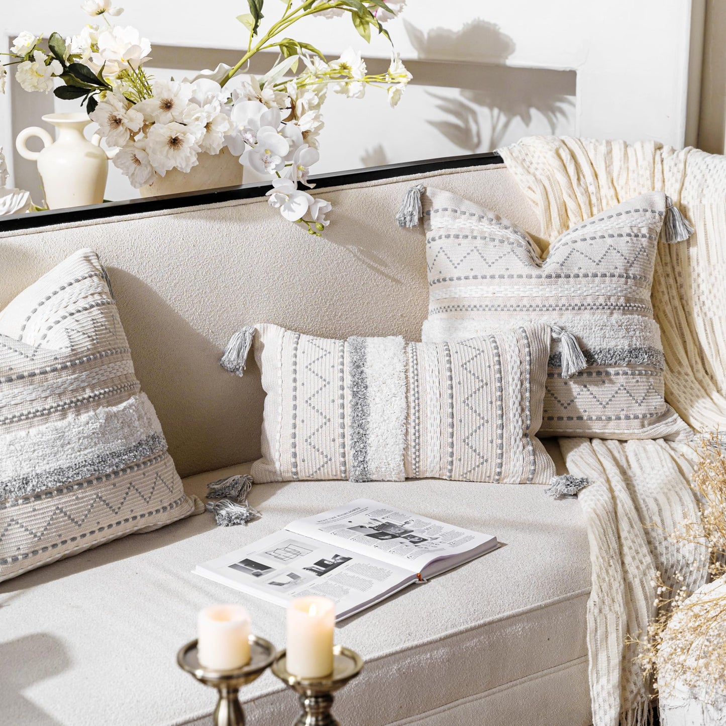 Cream Decorative Lumbar Throw Pillow Cover 14x36 Boho Long Cushion for Bed Neutral Accent Farmhouse Pillowcase for Bedroom Living Room Couch Sofa Home Décor (Cover ONLY, Pack of 1)