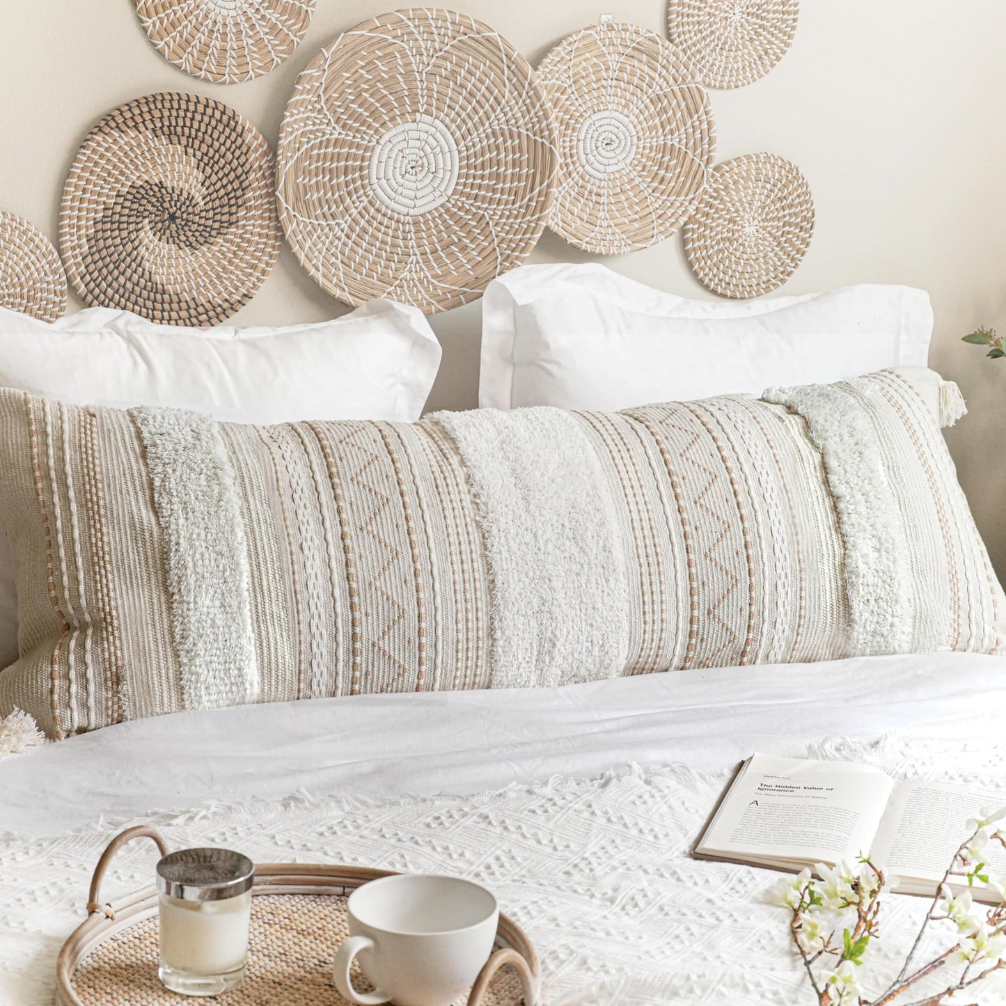 Cream Decorative Lumbar Throw Pillow Cover 14x36 Boho Long Cushion for Bed Neutral Accent Farmhouse Pillowcase for Bedroom Living Room Couch Sofa Home Décor (Cover ONLY, Pack of 1)