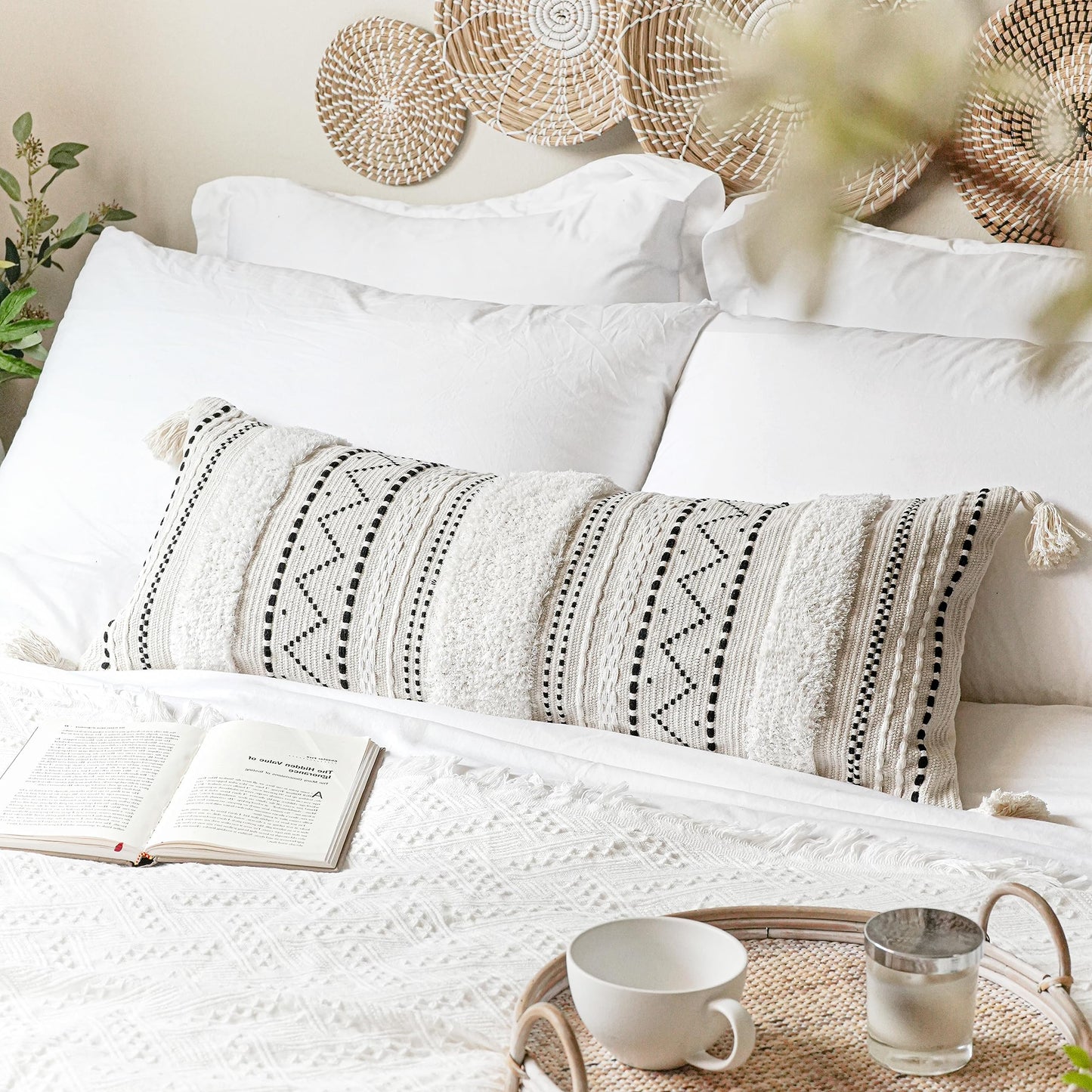 Cream Decorative Lumbar Throw Pillow Cover 14x36 Boho Long Cushion for Bed Neutral Accent Farmhouse Pillowcase for Bedroom Living Room Couch Sofa Home Décor (Cover ONLY, Pack of 1)