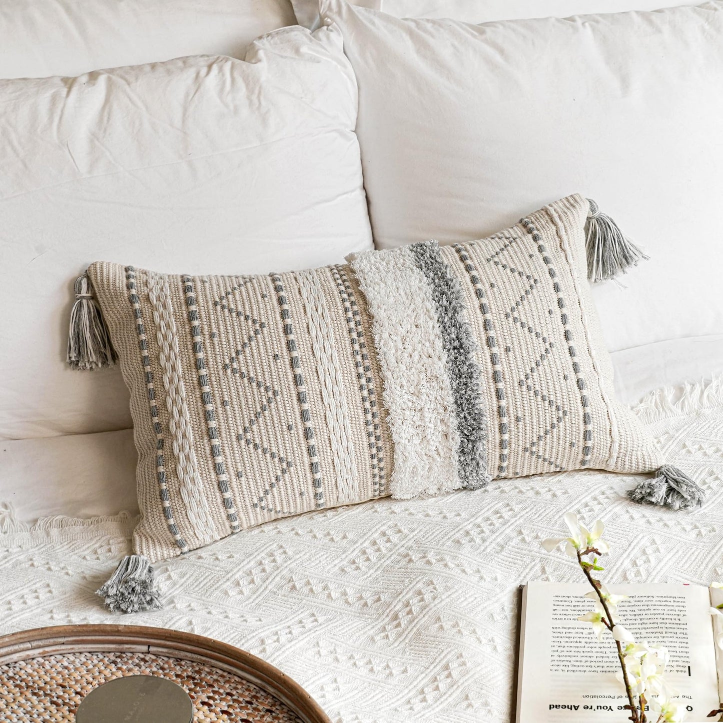 Cream Decorative Lumbar Throw Pillow Cover 14x36 Boho Long Cushion for Bed Neutral Accent Farmhouse Pillowcase for Bedroom Living Room Couch Sofa Home Décor (Cover ONLY, Pack of 1)