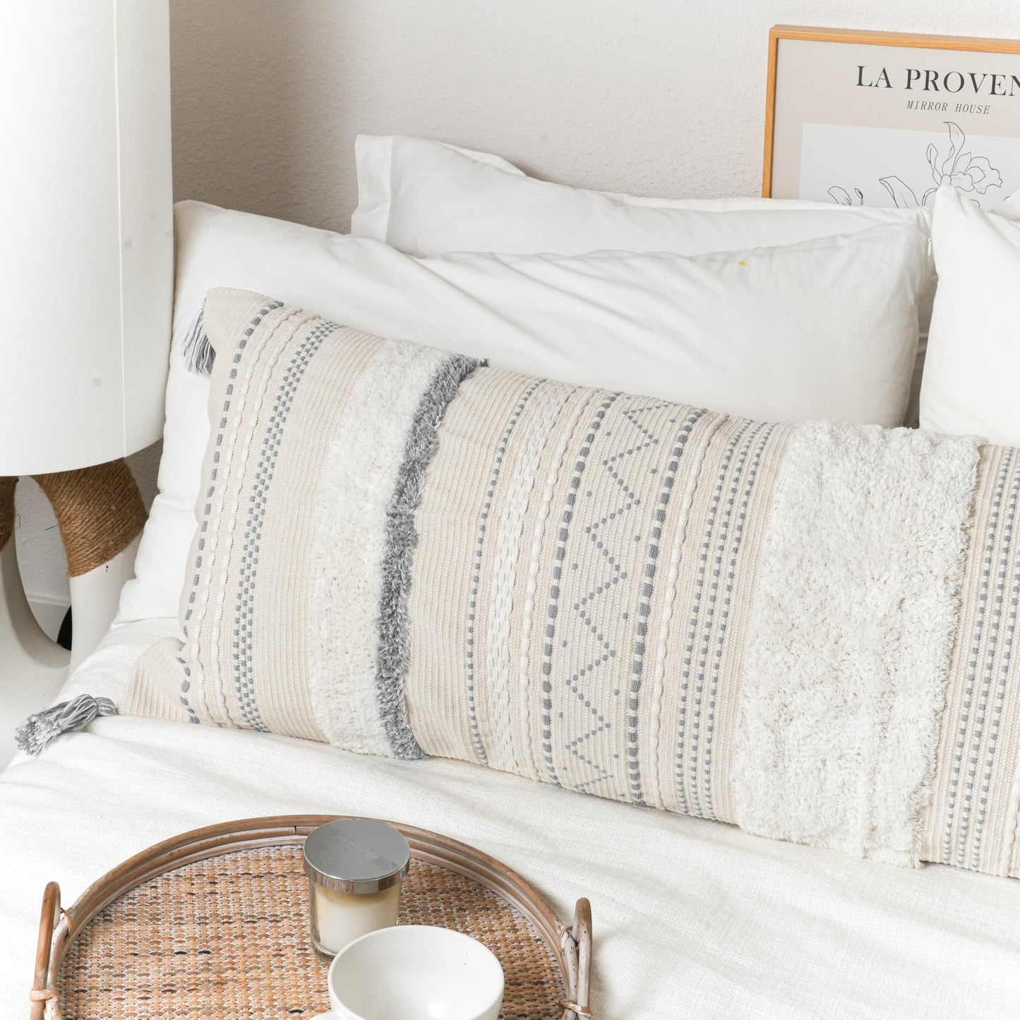 Cream Decorative Lumbar Throw Pillow Cover 14x36 Boho Long Cushion for Bed Neutral Accent Farmhouse Pillowcase for Bedroom Living Room Couch Sofa Home Décor (Cover ONLY, Pack of 1)