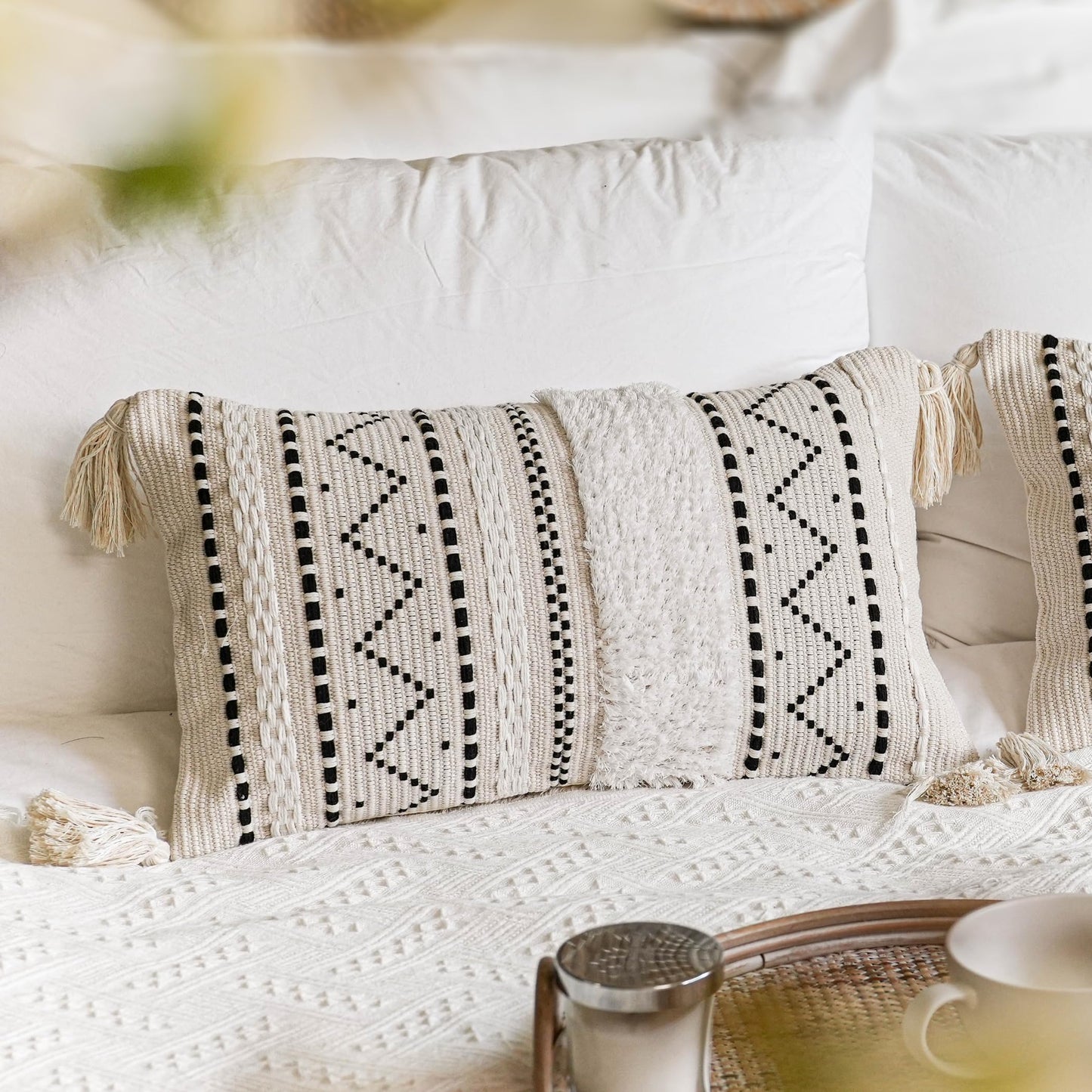 Cream Decorative Lumbar Throw Pillow Cover 14x36 Boho Long Cushion for Bed Neutral Accent Farmhouse Pillowcase for Bedroom Living Room Couch Sofa Home Décor (Cover ONLY, Pack of 1)