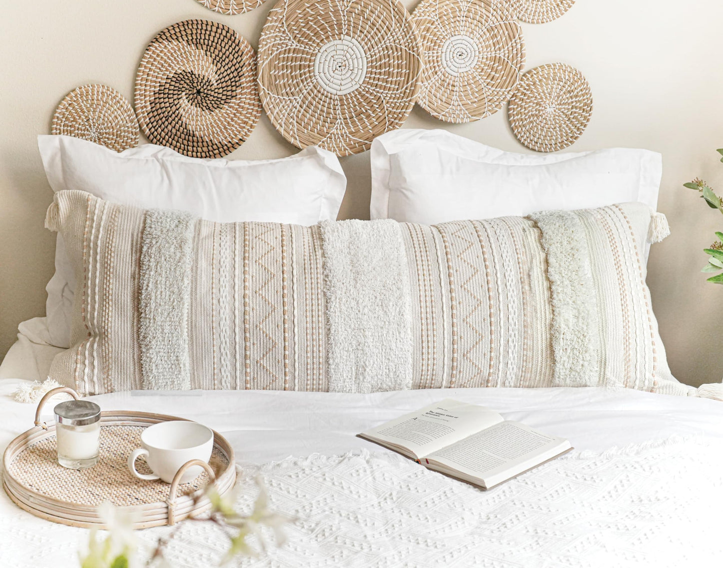 Cream Decorative Lumbar Throw Pillow Cover 14x36 Boho Long Cushion for Bed Neutral Accent Farmhouse Pillowcase for Bedroom Living Room Couch Sofa Home Décor (Cover ONLY, Pack of 1)