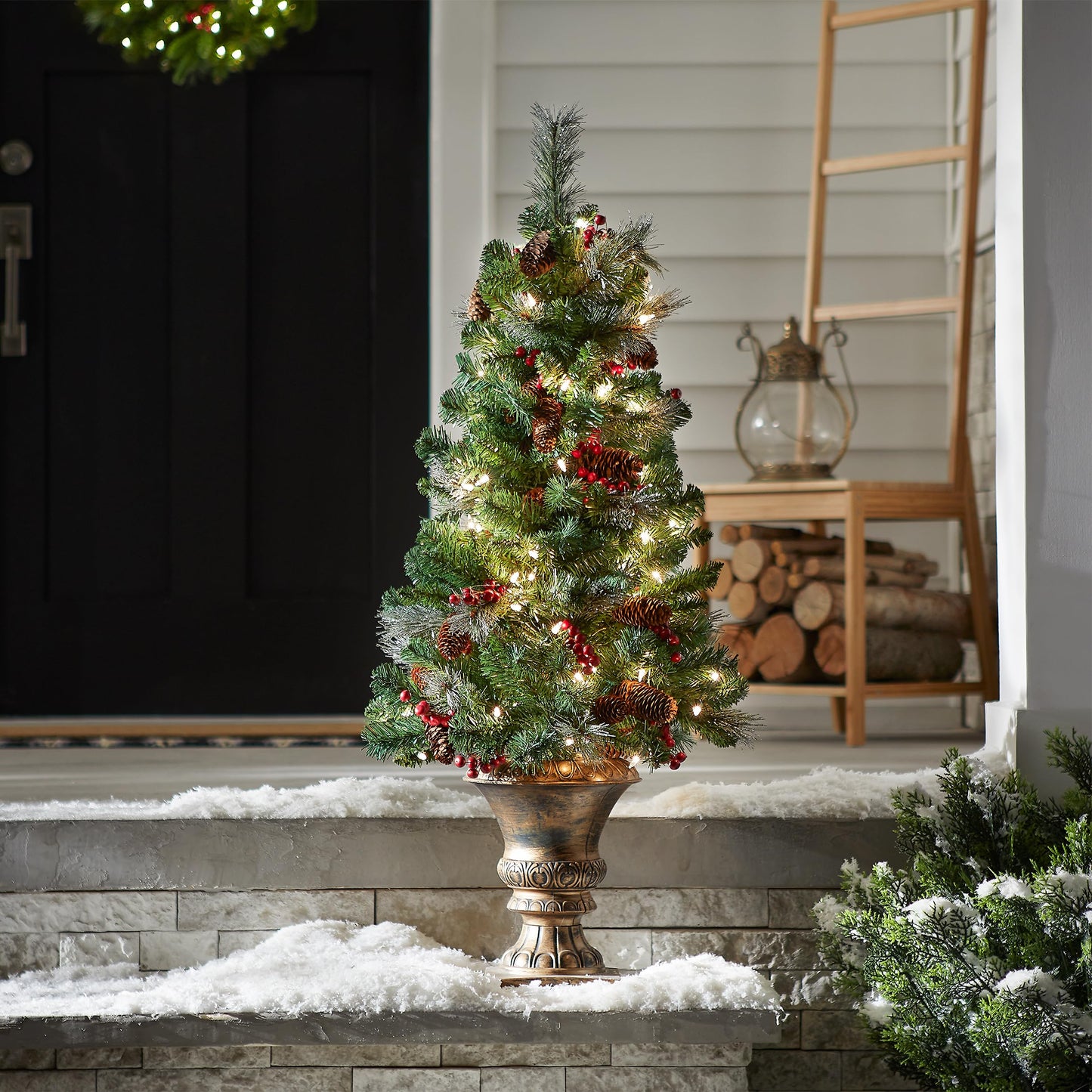 National Tree Company Pre-Lit Artificial Mini Christmas Tree, Green, Crestwood Spruce, White Lights, Decorated with Pine Cones, Berry Clusters, Frosted Branches, Includes Pot Base, 4 Feet