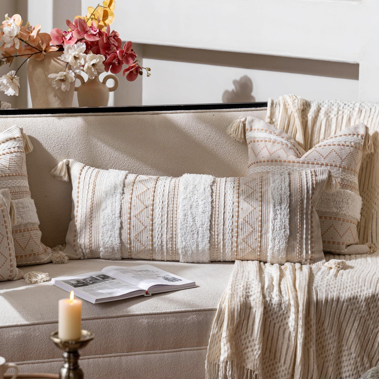 Cream Decorative Lumbar Throw Pillow Cover 14x36 Boho Long Cushion for Bed Neutral Accent Farmhouse Pillowcase for Bedroom Living Room Couch Sofa Home Décor (Cover ONLY, Pack of 1)