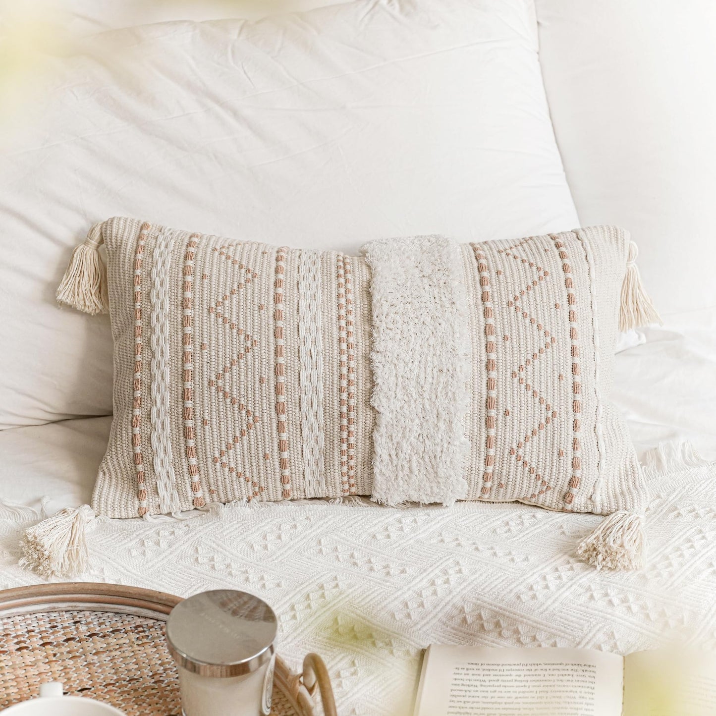 Cream Decorative Lumbar Throw Pillow Cover 14x36 Boho Long Cushion for Bed Neutral Accent Farmhouse Pillowcase for Bedroom Living Room Couch Sofa Home Décor (Cover ONLY, Pack of 1)