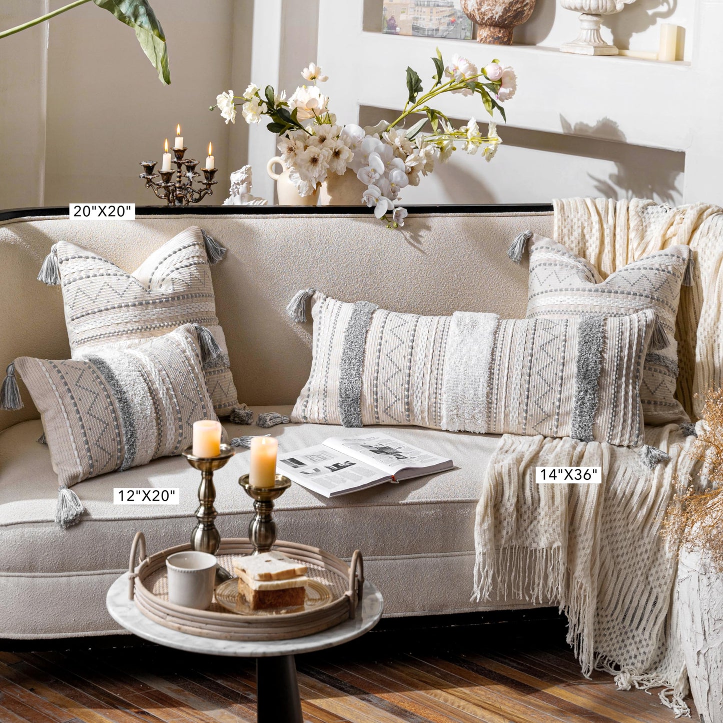 Cream Decorative Lumbar Throw Pillow Cover 14x36 Boho Long Cushion for Bed Neutral Accent Farmhouse Pillowcase for Bedroom Living Room Couch Sofa Home Décor (Cover ONLY, Pack of 1)