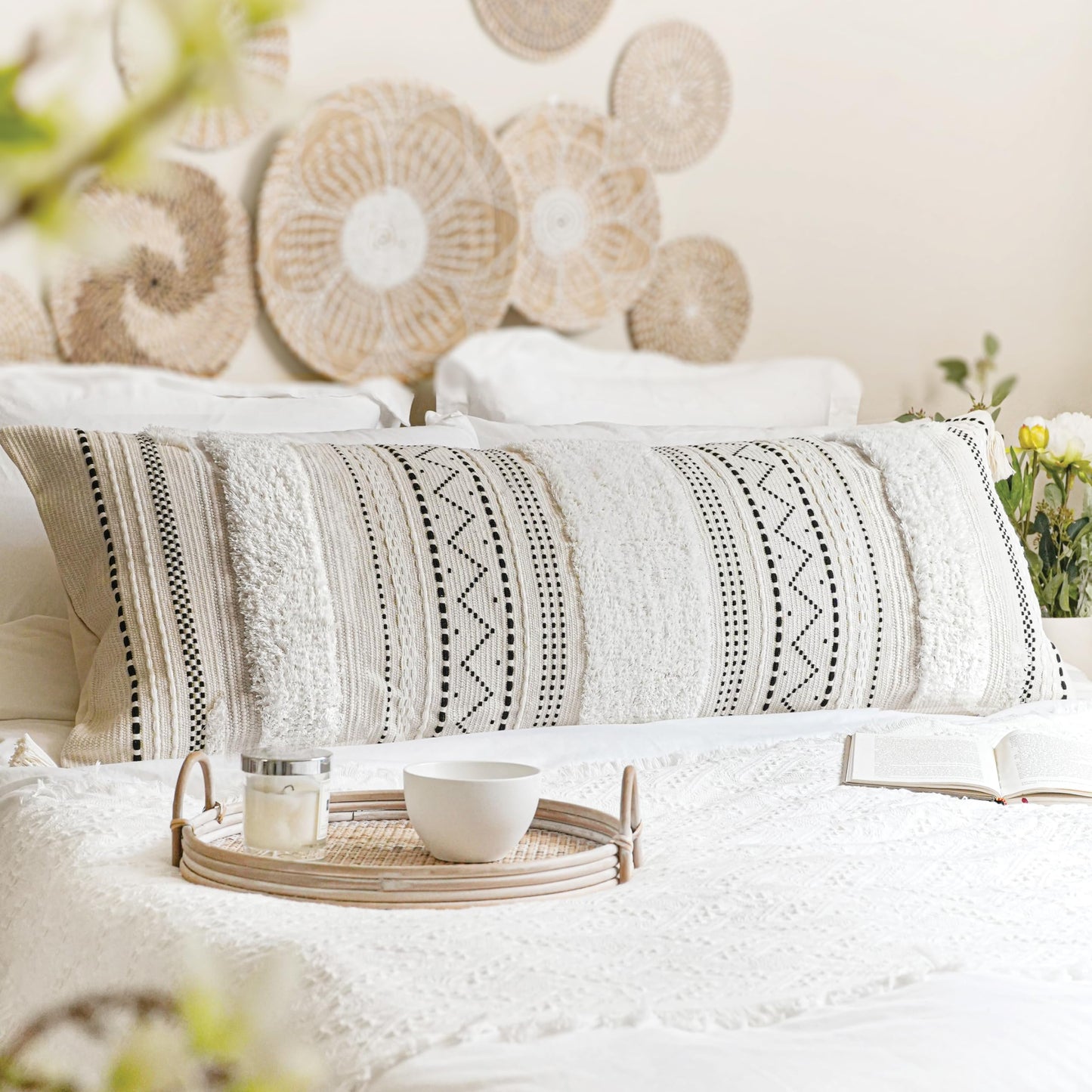 Cream Decorative Lumbar Throw Pillow Cover 14x36 Boho Long Cushion for Bed Neutral Accent Farmhouse Pillowcase for Bedroom Living Room Couch Sofa Home Décor (Cover ONLY, Pack of 1)