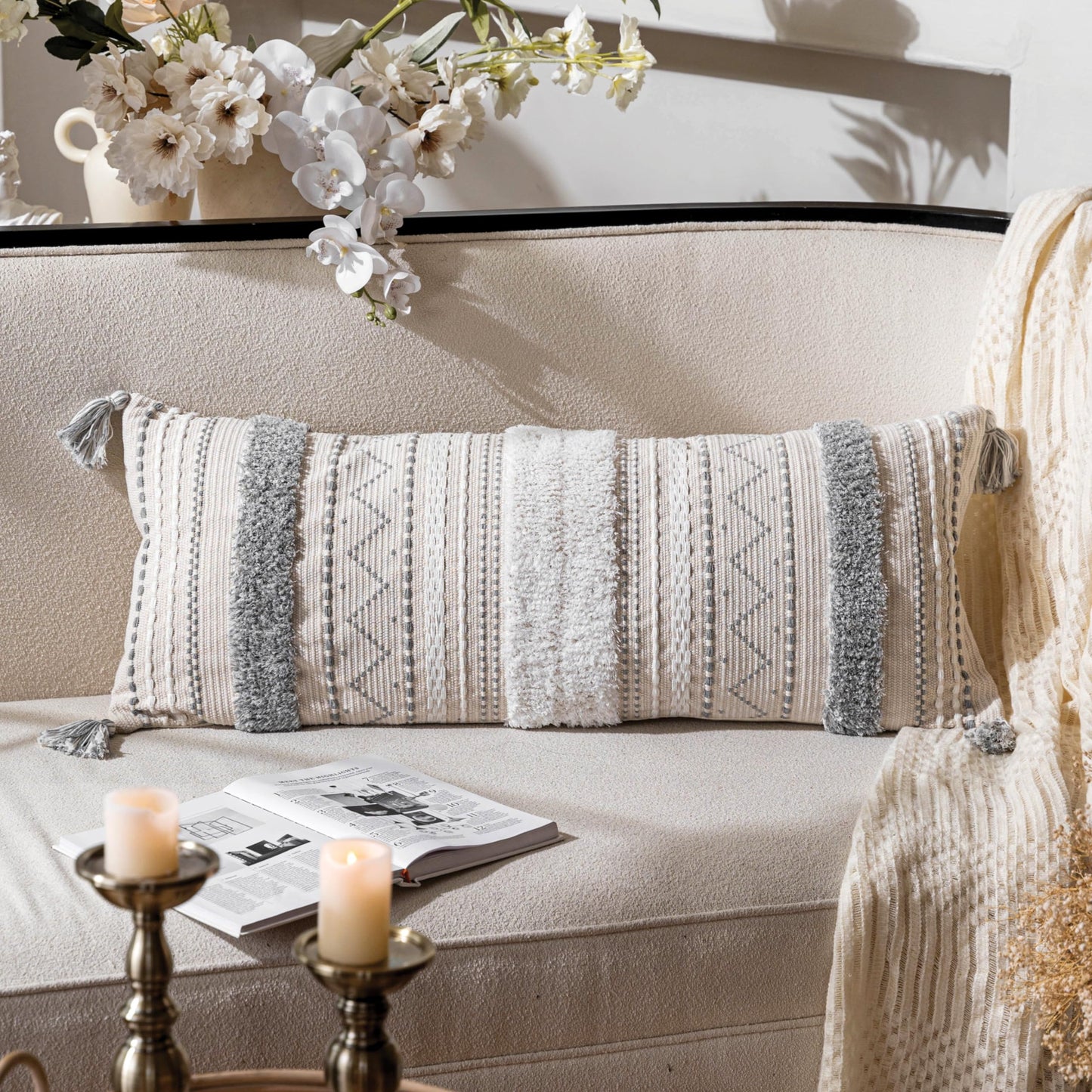 Cream Decorative Lumbar Throw Pillow Cover 14x36 Boho Long Cushion for Bed Neutral Accent Farmhouse Pillowcase for Bedroom Living Room Couch Sofa Home Décor (Cover ONLY, Pack of 1)