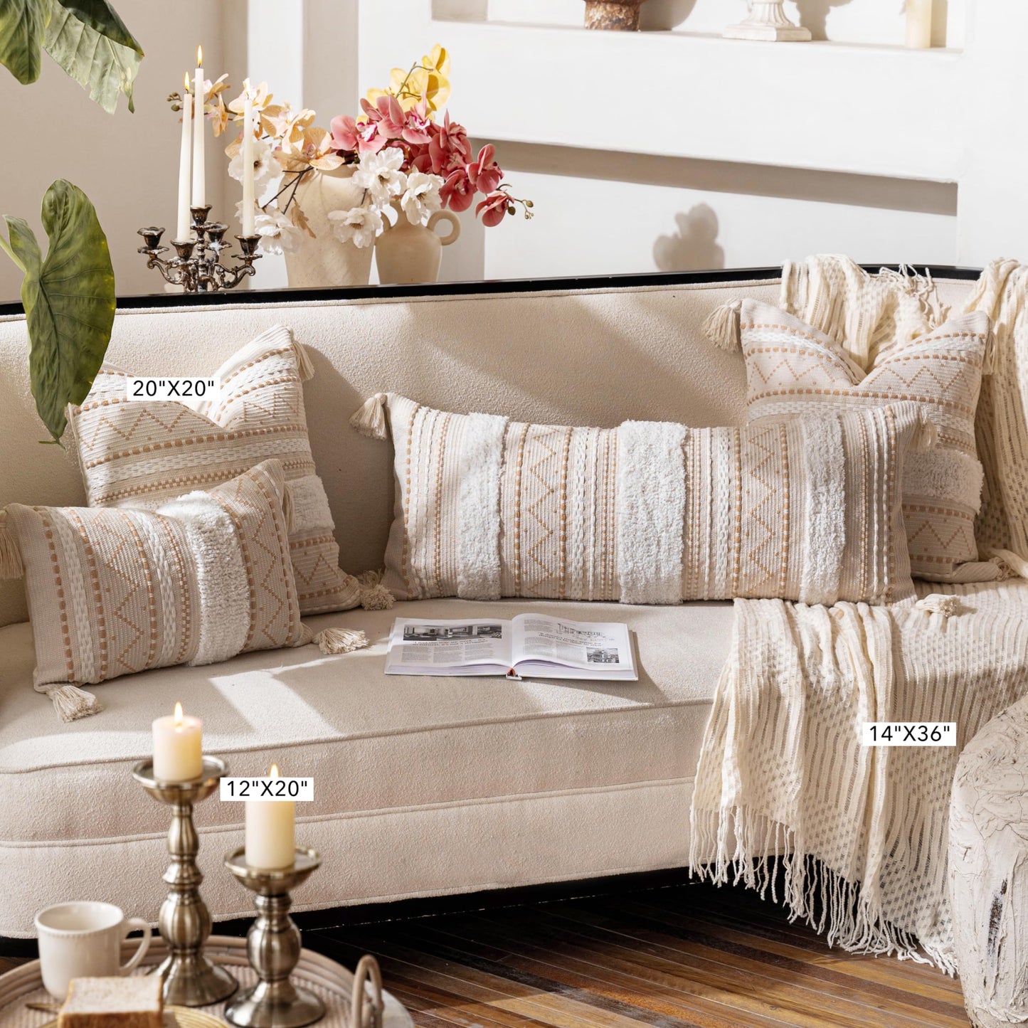 Cream Decorative Lumbar Throw Pillow Cover 14x36 Boho Long Cushion for Bed Neutral Accent Farmhouse Pillowcase for Bedroom Living Room Couch Sofa Home Décor (Cover ONLY, Pack of 1)