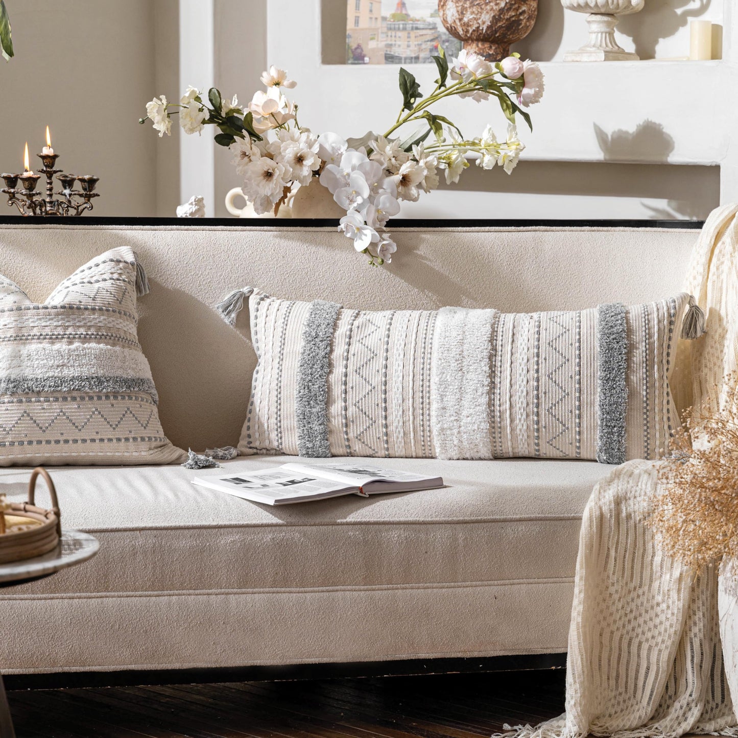 Cream Decorative Lumbar Throw Pillow Cover 14x36 Boho Long Cushion for Bed Neutral Accent Farmhouse Pillowcase for Bedroom Living Room Couch Sofa Home Décor (Cover ONLY, Pack of 1)
