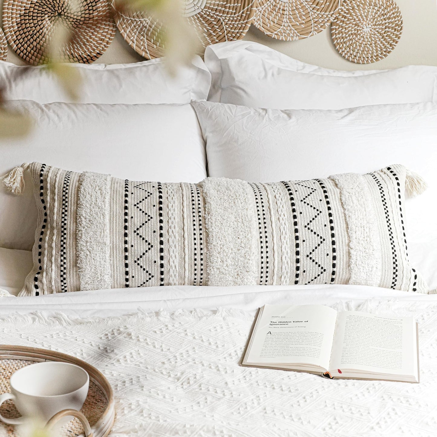 Cream Decorative Lumbar Throw Pillow Cover 14x36 Boho Long Cushion for Bed Neutral Accent Farmhouse Pillowcase for Bedroom Living Room Couch Sofa Home Décor (Cover ONLY, Pack of 1)