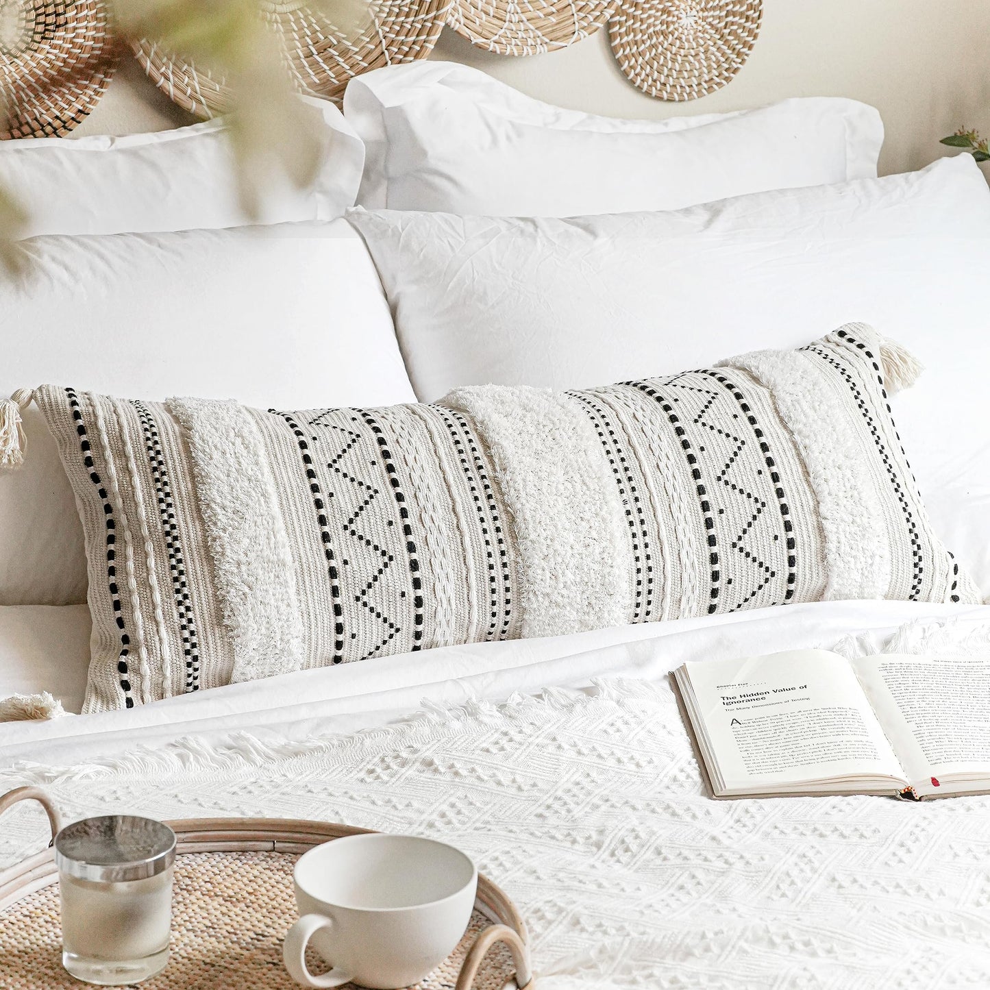 Cream Decorative Lumbar Throw Pillow Cover 14x36 Boho Long Cushion for Bed Neutral Accent Farmhouse Pillowcase for Bedroom Living Room Couch Sofa Home Décor (Cover ONLY, Pack of 1)