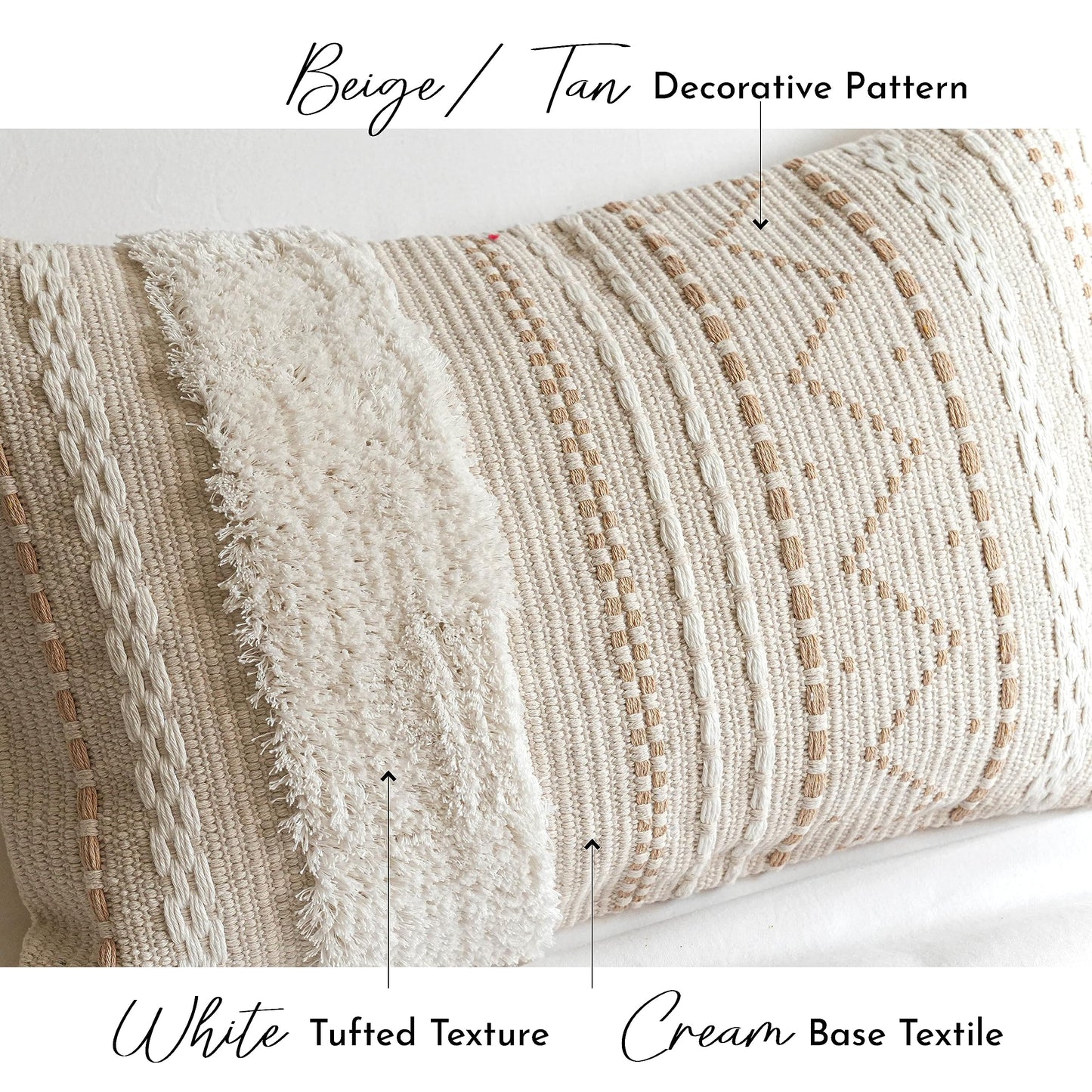 Cream Decorative Lumbar Throw Pillow Cover 14x36 Boho Long Cushion for Bed Neutral Accent Farmhouse Pillowcase for Bedroom Living Room Couch Sofa Home Décor (Cover ONLY, Pack of 1)