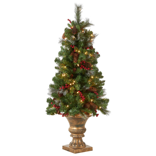 National Tree Company Pre-Lit Artificial Mini Christmas Tree, Green, Crestwood Spruce, White Lights, Decorated with Pine Cones, Berry Clusters, Frosted Branches, Includes Pot Base, 4 Feet