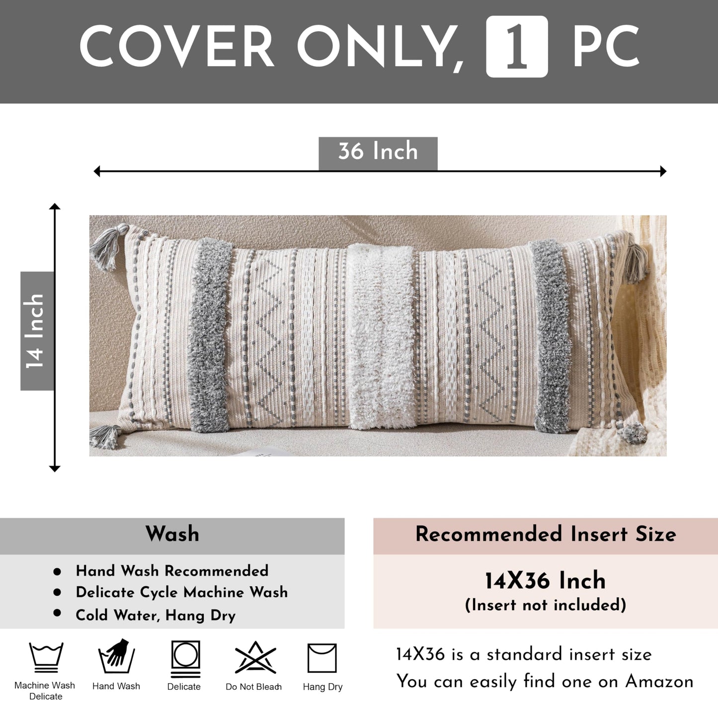 Cream Decorative Lumbar Throw Pillow Cover 14x36 Boho Long Cushion for Bed Neutral Accent Farmhouse Pillowcase for Bedroom Living Room Couch Sofa Home Décor (Cover ONLY, Pack of 1)