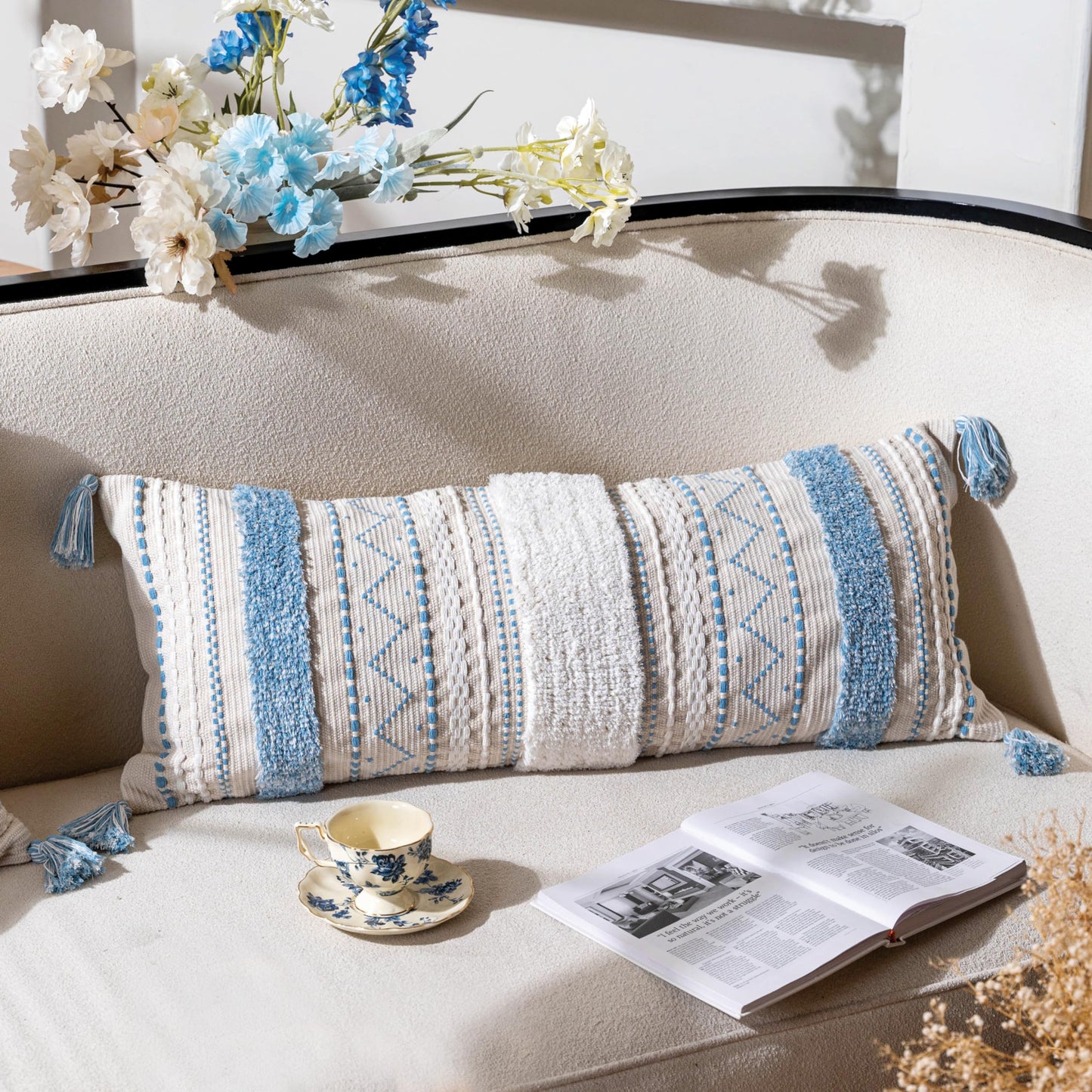 Cream Decorative Lumbar Throw Pillow Cover 14x36 Boho Long Cushion for Bed Neutral Accent Farmhouse Pillowcase for Bedroom Living Room Couch Sofa Home Décor (Cover ONLY, Pack of 1)